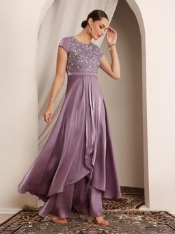 Miss Chase - Mauve Embellished/Sequined Round Neck Dress