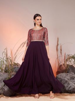 Miss Chase - Purple Embroidered Round Neck Dress