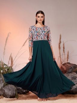 Miss Chase - Teal Embroidered Round Neck Dress