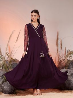 Miss Chase - Wine Embellished/Sequined V-Neck Dress