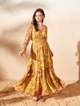 Miss Chase - Mustard Floral Round Neck Dress