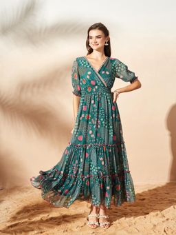 Miss Chase - Green Floral V-Neck Dress