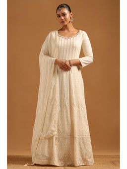 Soch - Cream Embellished Mid Waist Sweetheart Anarkali Kurta Churidar With Dupatta