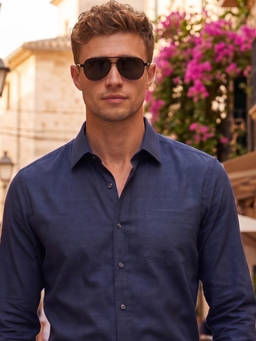 Louis Philippe - Mens Navy Textured Easy to Iron Cotton Slim fit Formal Shirt