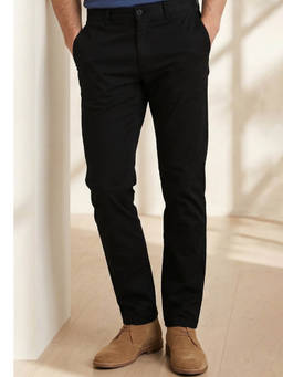 Louis Philippe - Men Black Slim Tapered Fit Solid Flat Front Casual Trousers