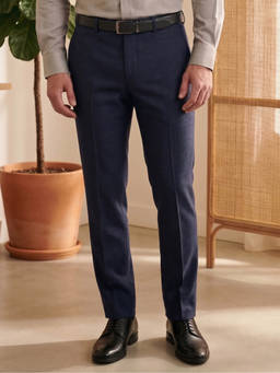 Louis Philippe - Men Blue Slim Fit Textured Flat Front Formal Trousers