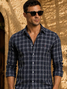 Louis Philippe - Mens Navy Classic Checks Premium Silk Touch Slim fit Casual Shirt