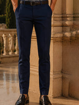 Louis Philippe - Men Navy Blue Solid Flat Front Formal Trousers
