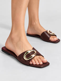 Twenty Dresses by Nykaa Fashion - Burgundy Square Toe Sculpted Buckle Women's Slip-On Flats