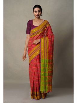 Unnati Silks - Indian Red Pure Hand Block Printed Mangalgiri Cotton Saree with Unstitched Blouse
