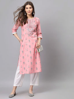 QOMN - Pink Embroidered Floral Kurta
