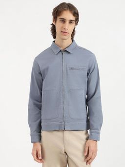 United Colors of Benetton - Men Blue Regular Fit Solid Washed Cotton Twill Jacket