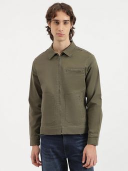 United Colors of Benetton - Men Olive Regular Fit Solid Washed Cotton Twill Jacket