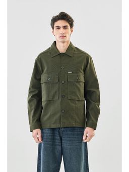 Snitch - Men Olive Solid Full Sleeves Oversized Casual Shacket