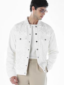 Jack & Jones - Men Oversized White Self Design Denim Jacket