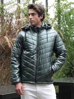 Campus Sutra - Men Teal Coated Panel-Quilt Puffer Jacket