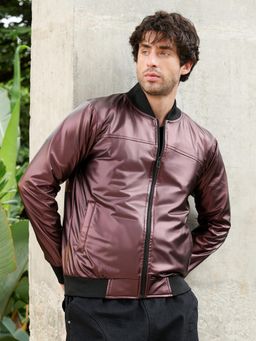 Campus Sutra - Men Wine Patent-Panel Bomber Jacket
