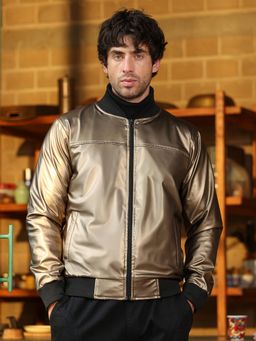 Campus Sutra - Men Antique Gold Patent-Panel Bomber Jacket