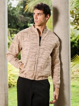 Campus Sutra - Men Sand Beige Lined-Jacquard Bomber Jacket