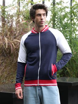 Campus Sutra - Men Navy Blue Colorblock Fleece Jacket