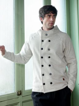 Campus Sutra - Men Cloud Light Grey Double-Breasted Fleece Jacket