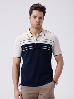Crocodile - Navy Blue Cut and Sew Colorblock Printed Polo T-Shirt