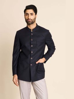 Gargee Designers - Wool Solid Navy Blue Bandhgala Jacket