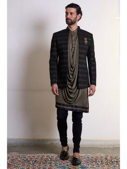 Gargee Designers - Polyester Printed Olive Bandhgala with Kurta and Pyjama