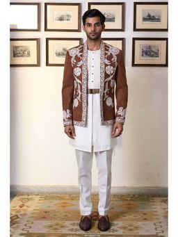 Gargee Designers - Suede Embroidered Brown Bandhgala and Belt with Kurta and Pant