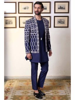 Gargee Designers - Suede Embroidered Navy Blue Bandhgala and Belt with Kurta and Pant