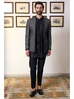 Gargee Designers - Linen Embroidered Black Bandhgala with Kurta and Pant