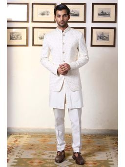 Gargee Designers - Polyester Embroidered Ivory Bandhgala with Kurta and Pant