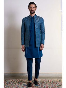 Gargee Designers - Polyester Embroidered Teal Bandhgala with Kurta and Pant