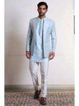 Gargee Designers - Raw Silk Embroidered Blue Bandhgala with Kurta and Pant