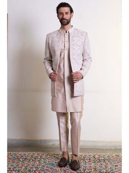 Gargee Designers - Cotton Silk Embroidered Peach Bandhgala with Kurta and Pant