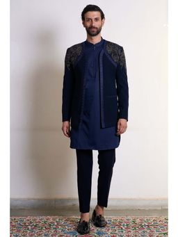 Gargee Designers - Cotton Embroidered Navy Blue Bandhgala with Kurta and Pant