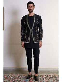 Gargee Designers - Raw Silk Embroidered Black Bandhgala with Kurta and Pyjama