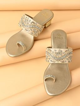 ROCIA - By Regal Gold Women Embroidered One Toe Block Heel Sandals