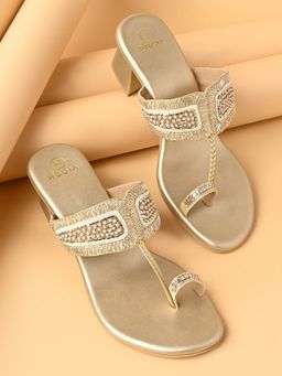 ROCIA - By Regal Gold Women One Toe Embroidered Block Heels