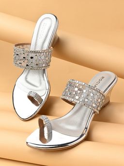 ROCIA - By Regal Silver Women Mesh Diamond Studded Fancy Wedges