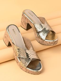 ROCIA - By Regal Gold Women Casual Laser Cut Cork Block Sandals