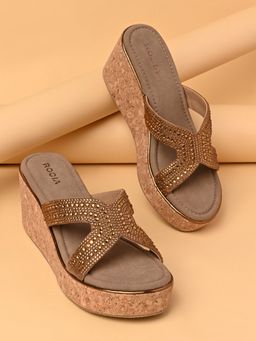 ROCIA - By Regal Antique Brown Women Diamond Embellished Cork Heels Wedges