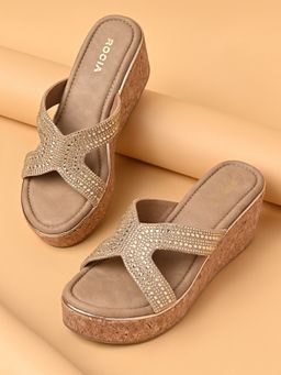 ROCIA - By Regal Gold Women Diamond Embellished Cork Heel Wedges