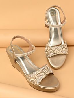 ROCIA - By Regal Gold Women Embroidered Wedges Sandals