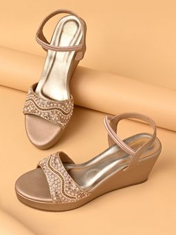 ROCIA - By Regal Rose Gold Women Embroidered Wedges Sandals