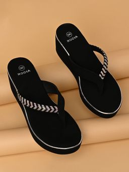ROCIA - By Regal Black Women Diamond Embellished Thong Wedges Heels