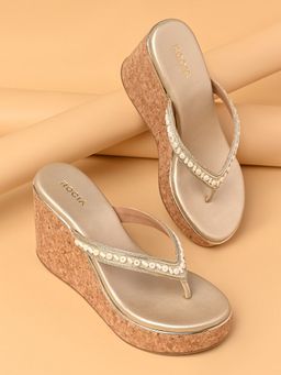 ROCIA - By Regal Gold Women Embroidered Casual Cork Wedges Heels