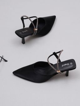 Sherrif Shoes - Black Pointed Toe Slingback Mule Heels with Embellished Strap