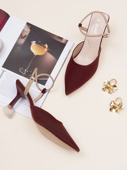 Sherrif Shoes - Maroon Pointed Toe Slingback Mule Heels with Embellished Strap