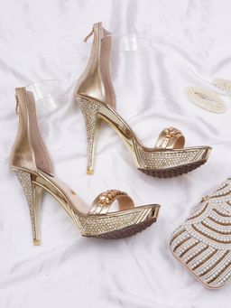 Sherrif Shoes - Gold Embellished Stiletto Heels with Ankle Strap